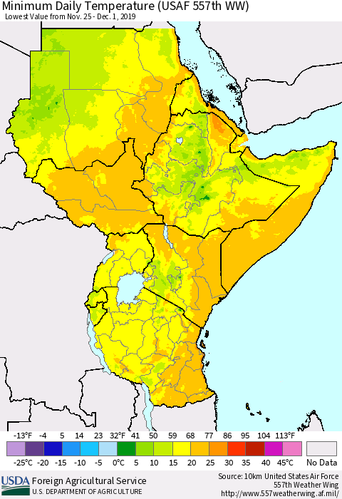 Eastern Africa Minimum Daily Temperature (USAF 557th WW) Thematic Map For 11/25/2019 - 12/1/2019