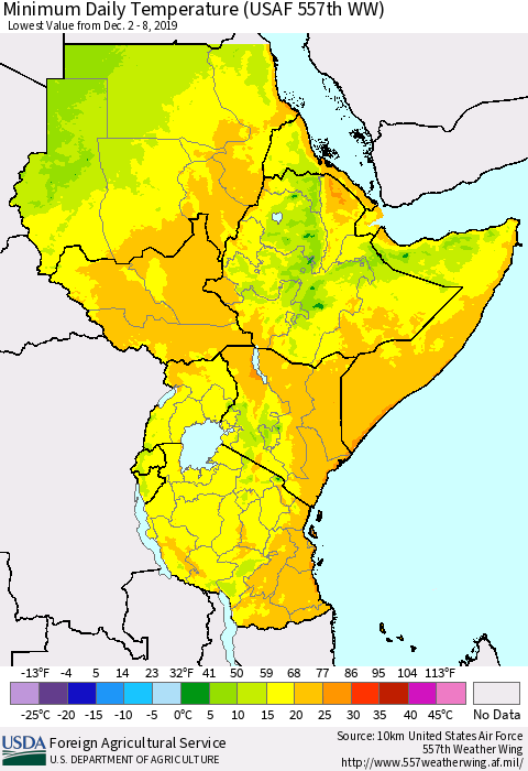Eastern Africa Minimum Daily Temperature (USAF 557th WW) Thematic Map For 12/2/2019 - 12/8/2019