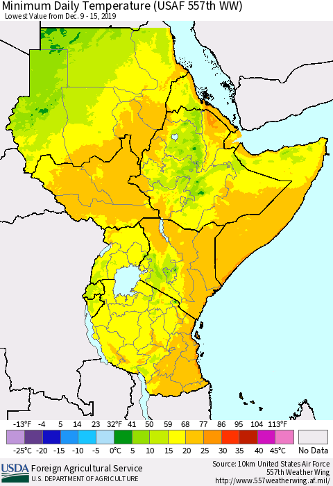 Eastern Africa Minimum Daily Temperature (USAF 557th WW) Thematic Map For 12/9/2019 - 12/15/2019