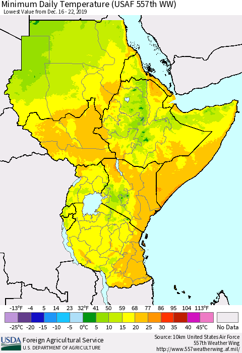 Eastern Africa Minimum Daily Temperature (USAF 557th WW) Thematic Map For 12/16/2019 - 12/22/2019