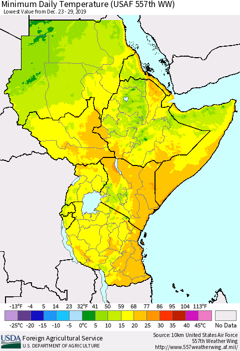 Eastern Africa Minimum Daily Temperature (USAF 557th WW) Thematic Map For 12/23/2019 - 12/29/2019
