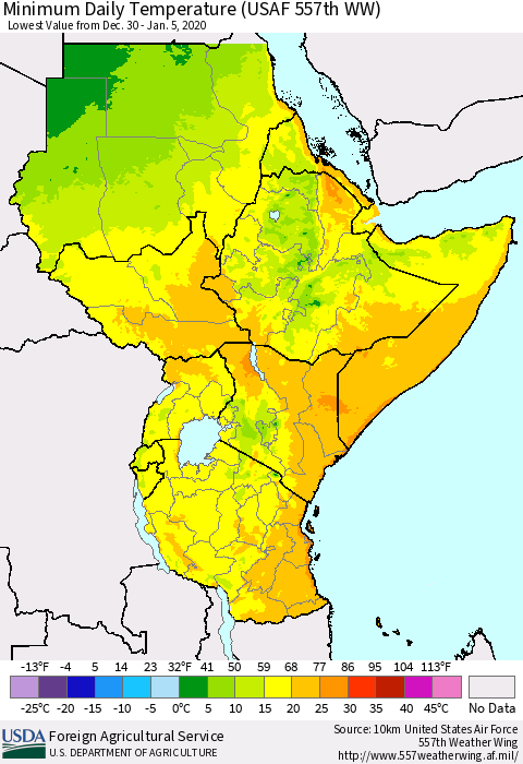 Eastern Africa Minimum Daily Temperature (USAF 557th WW) Thematic Map For 12/30/2019 - 1/5/2020