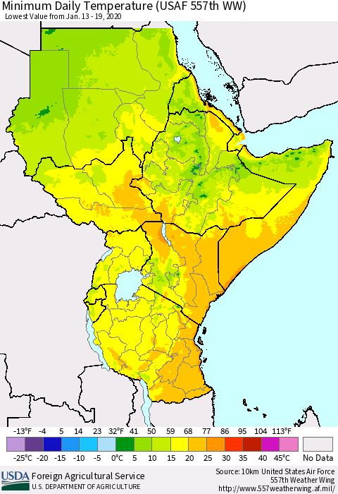 Eastern Africa Minimum Daily Temperature (USAF 557th WW) Thematic Map For 1/13/2020 - 1/19/2020