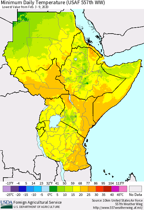 Eastern Africa Minimum Daily Temperature (USAF 557th WW) Thematic Map For 2/3/2020 - 2/9/2020