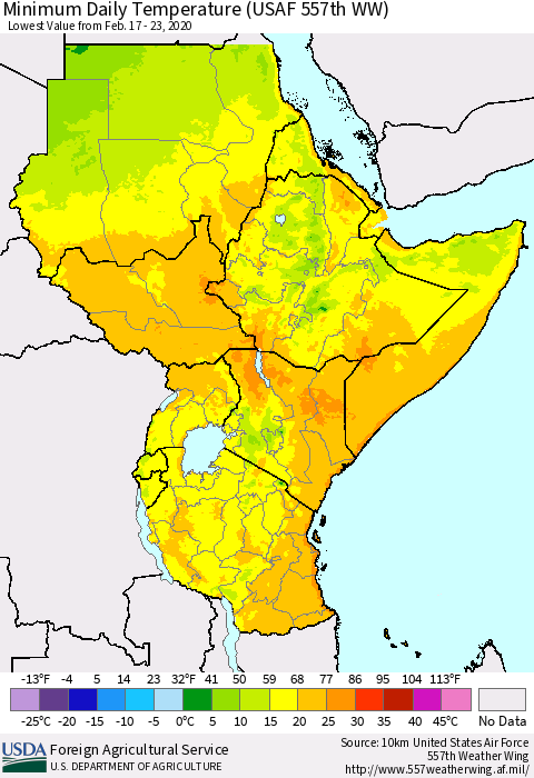 Eastern Africa Minimum Daily Temperature (USAF 557th WW) Thematic Map For 2/17/2020 - 2/23/2020