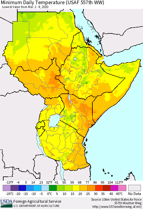 Eastern Africa Minimum Daily Temperature (USAF 557th WW) Thematic Map For 3/2/2020 - 3/8/2020