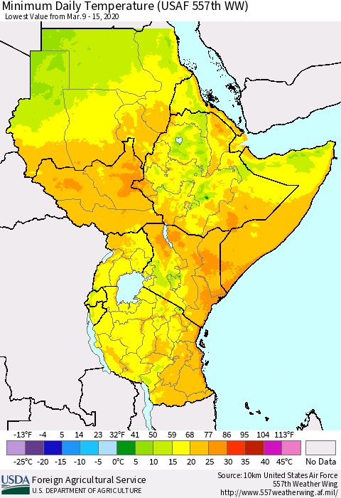 Eastern Africa Minimum Daily Temperature (USAF 557th WW) Thematic Map For 3/9/2020 - 3/15/2020