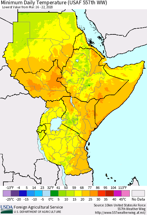 Eastern Africa Minimum Daily Temperature (USAF 557th WW) Thematic Map For 3/16/2020 - 3/22/2020