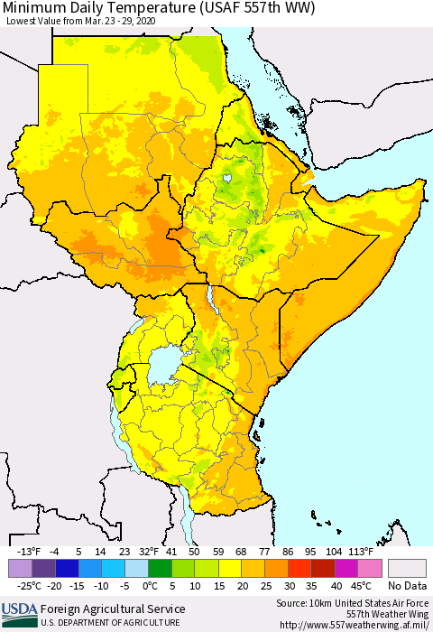 Eastern Africa Minimum Daily Temperature (USAF 557th WW) Thematic Map For 3/23/2020 - 3/29/2020