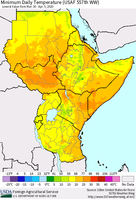 Eastern Africa Minimum Daily Temperature (USAF 557th WW) Thematic Map For 3/30/2020 - 4/5/2020