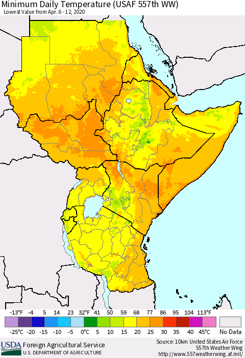 Eastern Africa Minimum Daily Temperature (USAF 557th WW) Thematic Map For 4/6/2020 - 4/12/2020
