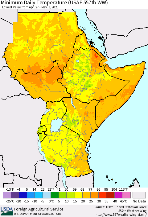 Eastern Africa Minimum Daily Temperature (USAF 557th WW) Thematic Map For 4/27/2020 - 5/3/2020
