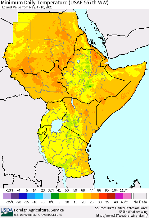 Eastern Africa Minimum Daily Temperature (USAF 557th WW) Thematic Map For 5/4/2020 - 5/10/2020