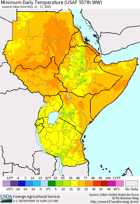 Eastern Africa Minimum Daily Temperature (USAF 557th WW) Thematic Map For 5/11/2020 - 5/17/2020