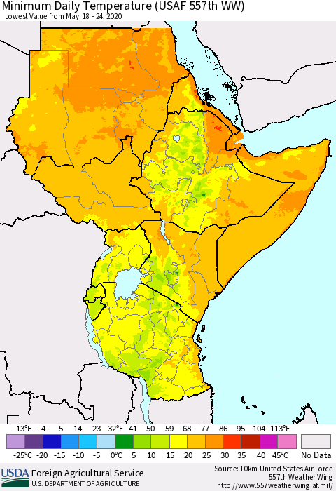 Eastern Africa Minimum Daily Temperature (USAF 557th WW) Thematic Map For 5/18/2020 - 5/24/2020
