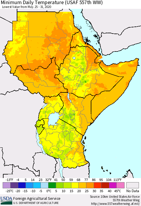 Eastern Africa Minimum Daily Temperature (USAF 557th WW) Thematic Map For 5/25/2020 - 5/31/2020