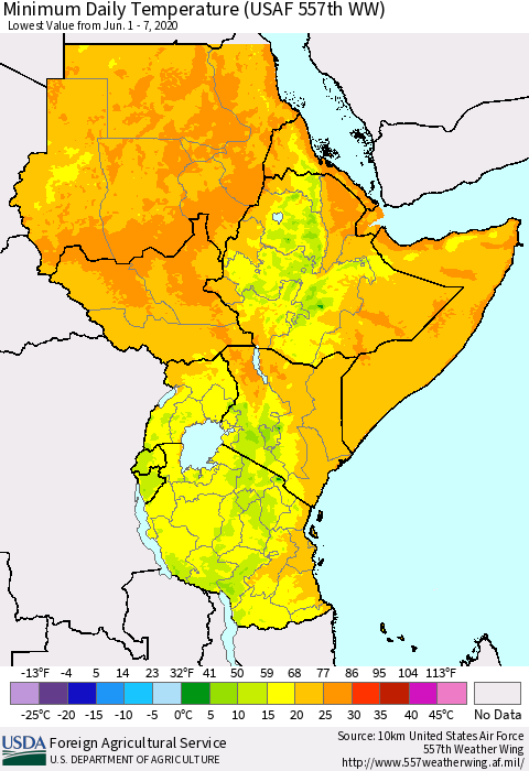 Eastern Africa Minimum Daily Temperature (USAF 557th WW) Thematic Map For 6/1/2020 - 6/7/2020