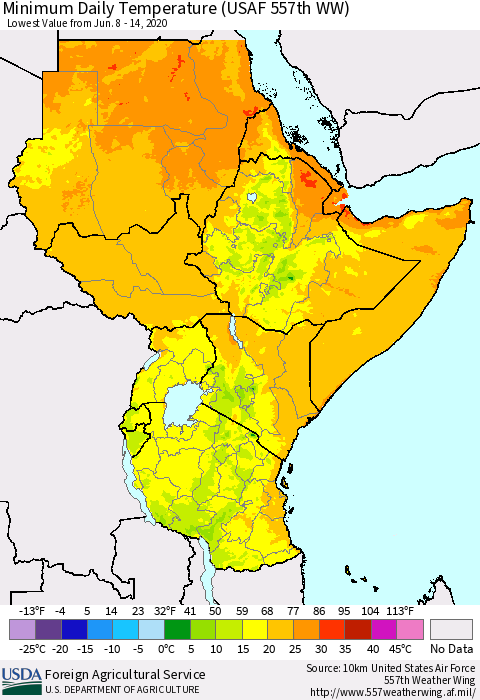 Eastern Africa Minimum Daily Temperature (USAF 557th WW) Thematic Map For 6/8/2020 - 6/14/2020