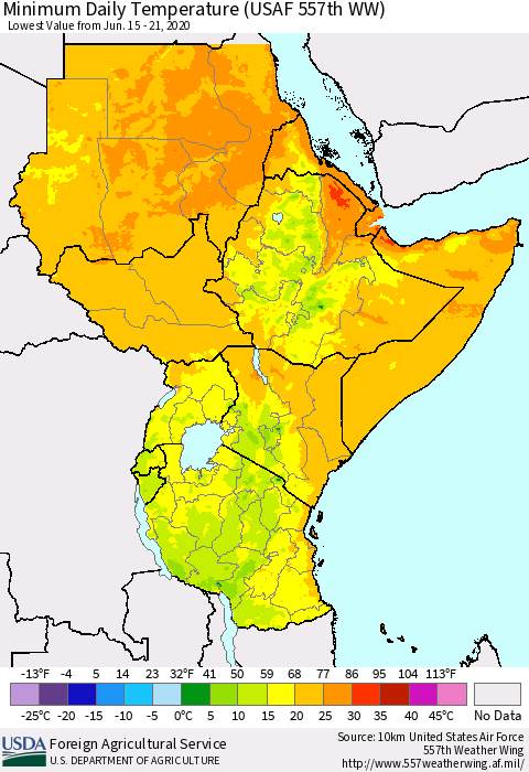 Eastern Africa Minimum Daily Temperature (USAF 557th WW) Thematic Map For 6/15/2020 - 6/21/2020