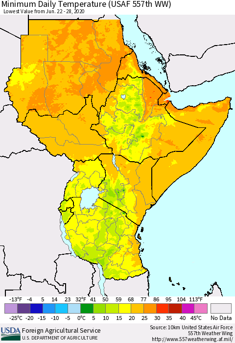 Eastern Africa Minimum Daily Temperature (USAF 557th WW) Thematic Map For 6/22/2020 - 6/28/2020