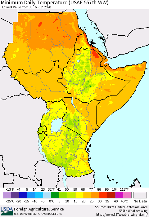 Eastern Africa Minimum Daily Temperature (USAF 557th WW) Thematic Map For 7/6/2020 - 7/12/2020