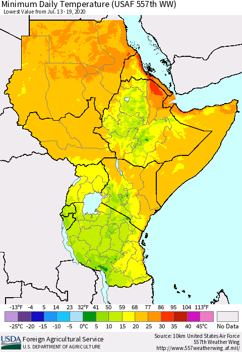 Eastern Africa Minimum Daily Temperature (USAF 557th WW) Thematic Map For 7/13/2020 - 7/19/2020