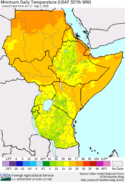 Eastern Africa Minimum Daily Temperature (USAF 557th WW) Thematic Map For 7/27/2020 - 8/2/2020