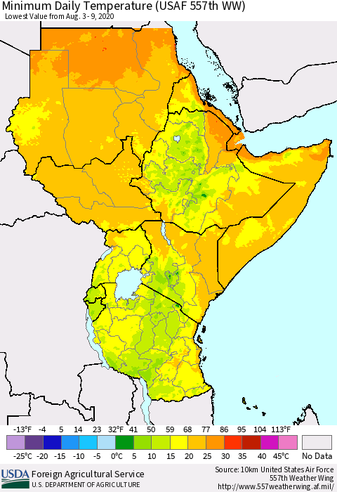 Eastern Africa Minimum Daily Temperature (USAF 557th WW) Thematic Map For 8/3/2020 - 8/9/2020