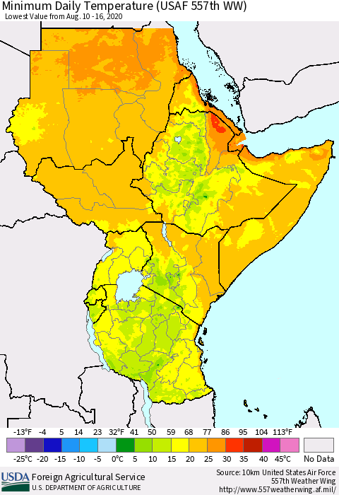 Eastern Africa Minimum Daily Temperature (USAF 557th WW) Thematic Map For 8/10/2020 - 8/16/2020