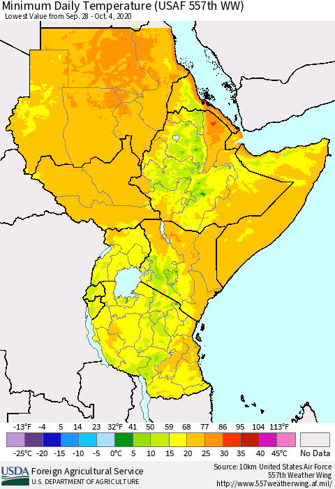 Eastern Africa Minimum Daily Temperature (USAF 557th WW) Thematic Map For 9/28/2020 - 10/4/2020