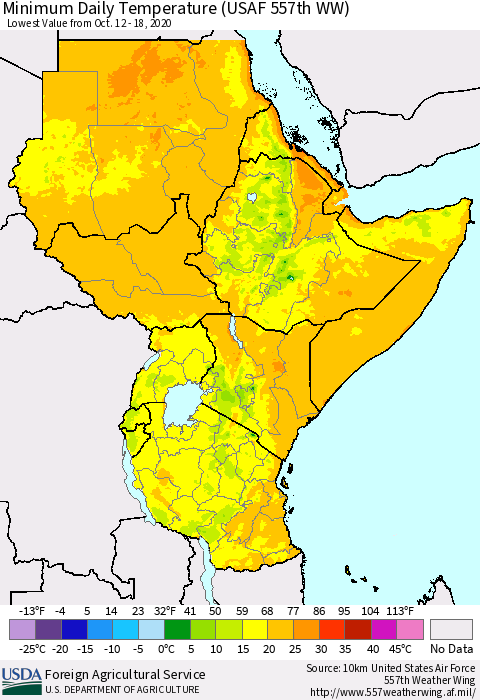 Eastern Africa Minimum Daily Temperature (USAF 557th WW) Thematic Map For 10/12/2020 - 10/18/2020