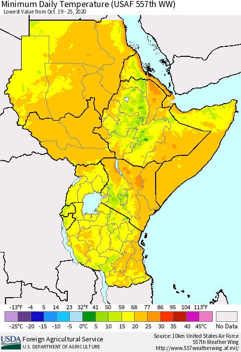 Eastern Africa Minimum Daily Temperature (USAF 557th WW) Thematic Map For 10/19/2020 - 10/25/2020