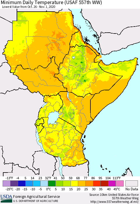 Eastern Africa Minimum Daily Temperature (USAF 557th WW) Thematic Map For 10/26/2020 - 11/1/2020