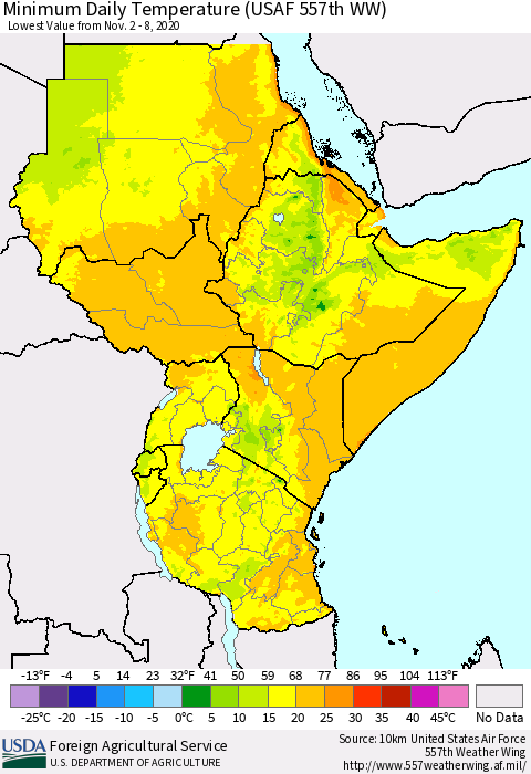 Eastern Africa Minimum Daily Temperature (USAF 557th WW) Thematic Map For 11/2/2020 - 11/8/2020
