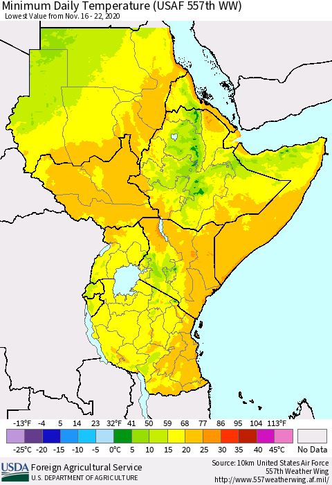 Eastern Africa Minimum Daily Temperature (USAF 557th WW) Thematic Map For 11/16/2020 - 11/22/2020