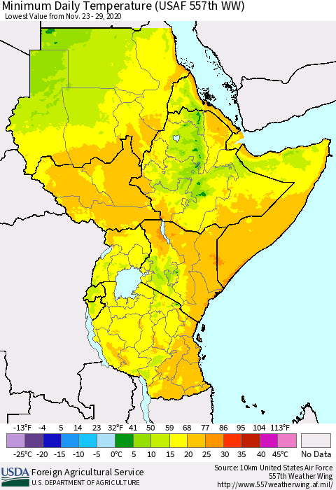Eastern Africa Minimum Daily Temperature (USAF 557th WW) Thematic Map For 11/23/2020 - 11/29/2020