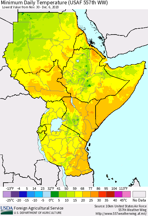 Eastern Africa Minimum Daily Temperature (USAF 557th WW) Thematic Map For 11/30/2020 - 12/6/2020