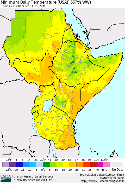 Eastern Africa Minimum Daily Temperature (USAF 557th WW) Thematic Map For 12/14/2020 - 12/20/2020