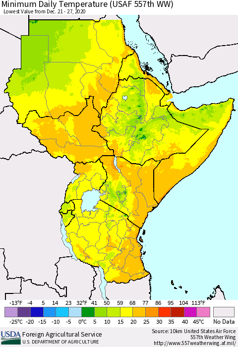 Eastern Africa Minimum Daily Temperature (USAF 557th WW) Thematic Map For 12/21/2020 - 12/27/2020