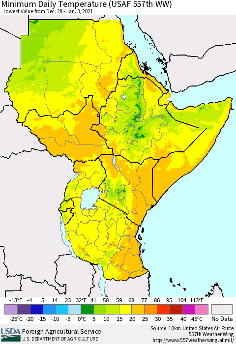 Eastern Africa Minimum Daily Temperature (USAF 557th WW) Thematic Map For 12/28/2020 - 1/3/2021
