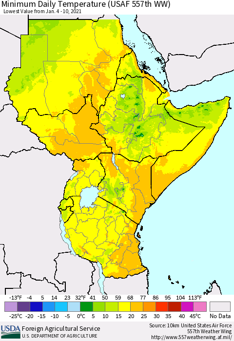Eastern Africa Minimum Daily Temperature (USAF 557th WW) Thematic Map For 1/4/2021 - 1/10/2021