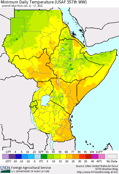 Eastern Africa Minimum Daily Temperature (USAF 557th WW) Thematic Map For 1/11/2021 - 1/17/2021