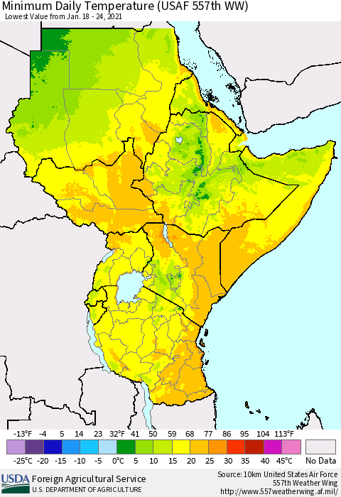 Eastern Africa Minimum Daily Temperature (USAF 557th WW) Thematic Map For 1/18/2021 - 1/24/2021