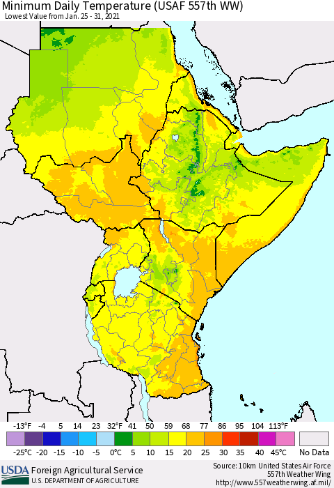 Eastern Africa Minimum Daily Temperature (USAF 557th WW) Thematic Map For 1/25/2021 - 1/31/2021