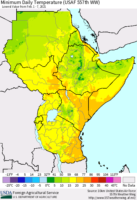 Eastern Africa Minimum Daily Temperature (USAF 557th WW) Thematic Map For 2/1/2021 - 2/7/2021