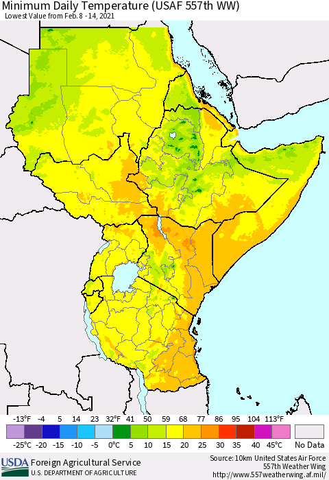 Eastern Africa Minimum Daily Temperature (USAF 557th WW) Thematic Map For 2/8/2021 - 2/14/2021