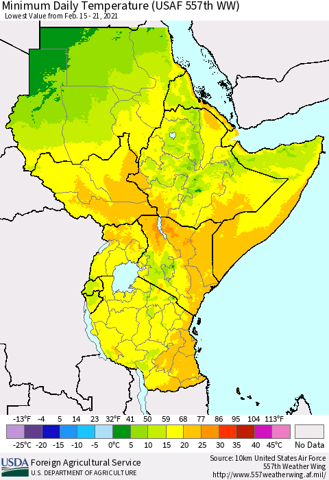 Eastern Africa Minimum Daily Temperature (USAF 557th WW) Thematic Map For 2/15/2021 - 2/21/2021