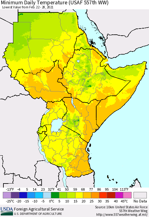 Eastern Africa Minimum Daily Temperature (USAF 557th WW) Thematic Map For 2/22/2021 - 2/28/2021