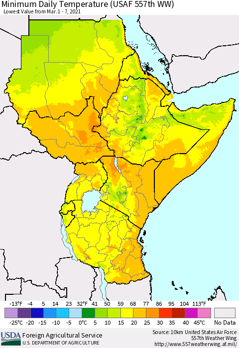 Eastern Africa Minimum Daily Temperature (USAF 557th WW) Thematic Map For 3/1/2021 - 3/7/2021