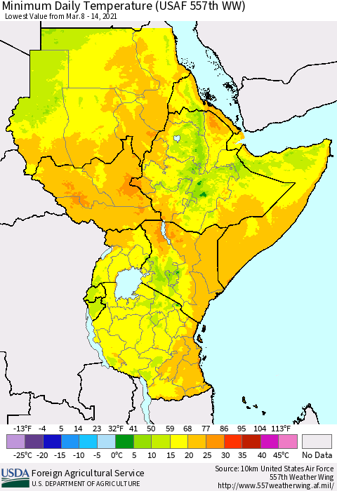 Eastern Africa Minimum Daily Temperature (USAF 557th WW) Thematic Map For 3/8/2021 - 3/14/2021